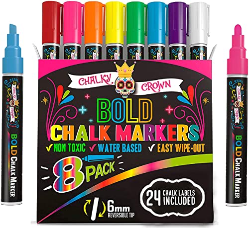 Bold Liquid Chalk Markers - Dry Erase Marker Pens for Chalkboards, Signs, Windows, Blackboard, Glass, Mirrors - Chalkboard Markers with Reversible Tip (8 Pack) - (Multicolored, 6mm)