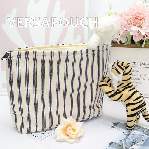 Flat Makeup Bag Women Canvas Cosmetic Pouch Navy Stripe