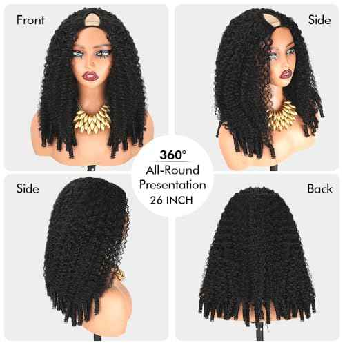 V Part Burmese Curly Wig Human Hair 200% Density Upgrade U Part Wig with Drawstring No Leave Out Glueless V Shape Full Head Clip In Half Wig Curly Human Hair Wig for Women Natural Color 26 Inch