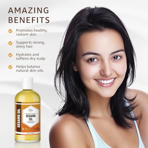 ORGANIC SESAME OIL (8 oz) Premium Cold Pressed Unrefined | 100% Pure Sesame Oil for Skin, Face, Hair, Soap Making | Carrier for Essential Oils | Available in Bulk | 8 FL OZ
