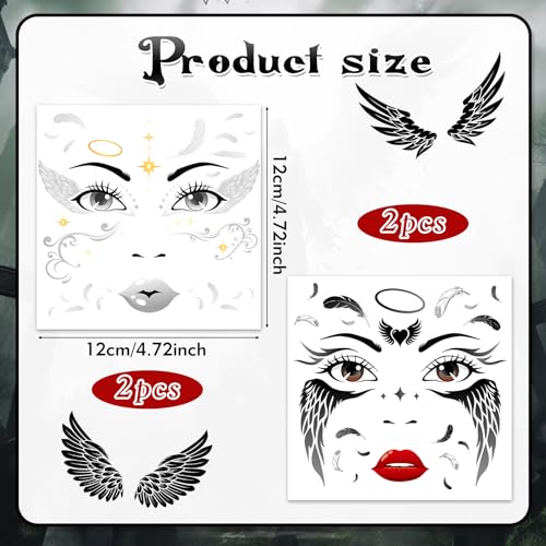 HOWAF 4 Sheets Halloween Angel Face Tattoos Angel Wing Full Face Temporary Tattoos for Hallows' Eve Angels Costumes Accessories, Black and White Fallen Angels Tattoo Stickers