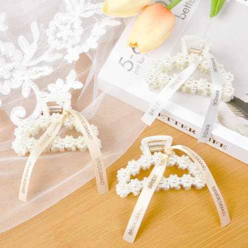 DEEKA Bridesmaid Proposal Gifts 8 Pack Pearl Bridesmaid Hair Claw Clips with Ribbon 3 Inch Hair Clips Bachelorette Party Favors Bridal Party Present Hair Accessories (Half Circle White&Champagne)