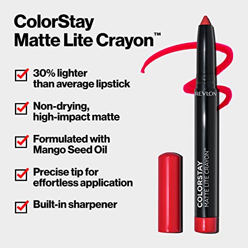 REVLON ColorStay Matte Lite Crayon Lipstick with Built-in Sharpener, Smudge-proof, Water-Resistant Non-Drying Lipcolor, 002 Clear The Air, 0.049 oz