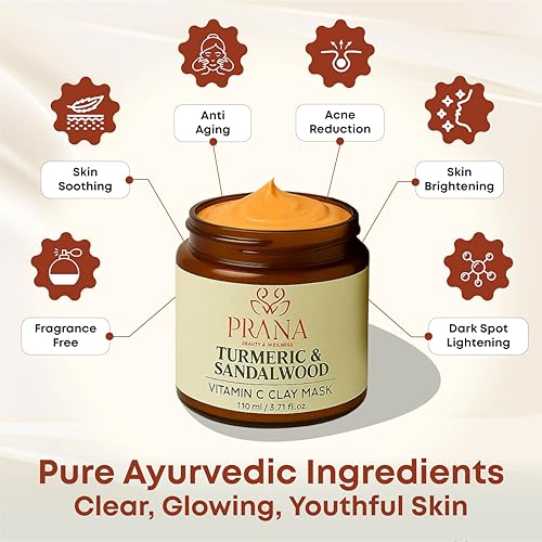 PRANA Sandalwood & Turmeric Face Mask - Natural Cleansing Facial Mask with Ayurvedic Ingredients - Bentonite & Kaolin Clay Mask - Brightening, Hydrating, Anti-Aging - Vegan & Cruelty-Free Mask (110ml)
