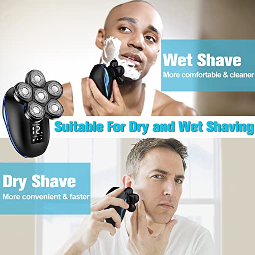 Head Shaver for Bald Men, 6-in-1 Electric Shaver for Bald Head 6D Wet/Dry Waterproof Mens Electric Razor Head Shavers with Grooming Kit Cordless Rechargeable Face Head Shaving Rotary Shavers Blue