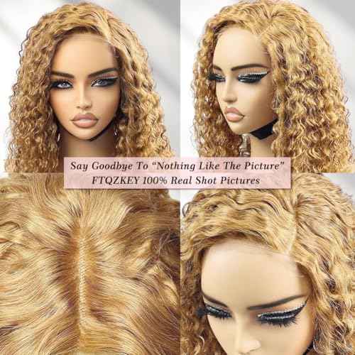 QNQZ Honey Blonde Curly Wig Human Hair 14 inch 9x6 HD Glueless Lace Front Honey Blonde Deep Wave Curly Wear and Go Glueless Wigs Human Hair Pre Plucked Pre Cut 200% Density #27 Colored for Women