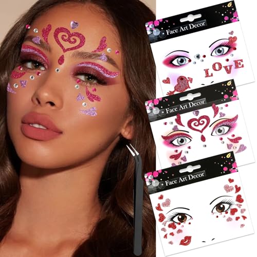 3PCS Valentine's Day Face Heart Gems Stickers for Women Girls Eyes Body Face Glitter Rhinstone Temporary Tattoos Red Love Self Adhesive Stick for Makeup Holiday Party Supplies
