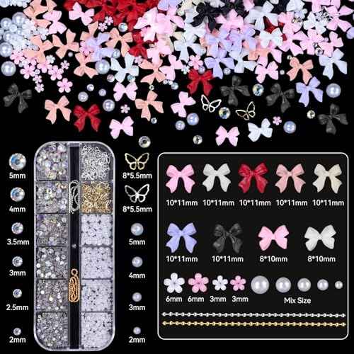 2 Boxes Mixed 3D Nail Charms and Rhinestones, Color Bows Bowknots Flowers Acrylic Nail Art Charms, Flatback Pearl Nail Gems Charms DIY Nail Art Accessories