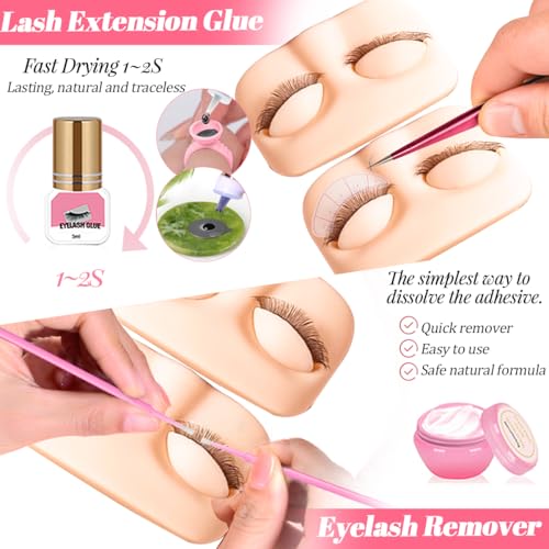 Lash Extension Kit for Beginners Lash Mannequin Head with Replaced Eyelids False Eyelashes Practice Eyelash Strips Facial Mister Tweezers Glue USB Fan Professional Set