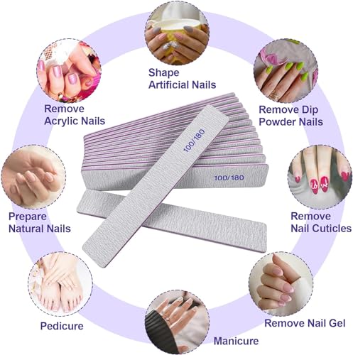 12 Pcs Nail Files Set - 100/180 Grit Double-Sided Emery Boards Square