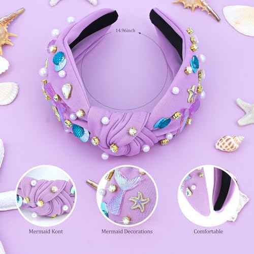 YARIEW Mermaid Knotted Headband, Purple, Hairband for Women and Girls, Mermaid Hair Accessories with Tail and Starfish, Party Decorations Gifts