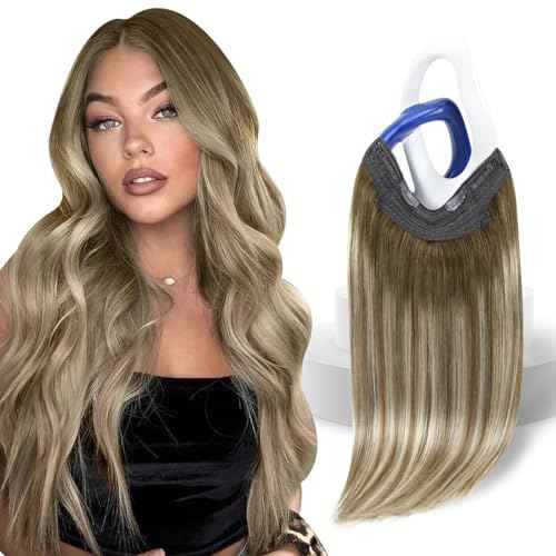 Sunny Hair Wire Hair Extensions Real Human Hair Fish Line Human Hair Extensions Invisible Wire Extensions Brown to Light Brown with Medium Blonde #3/8/22 12 Inch