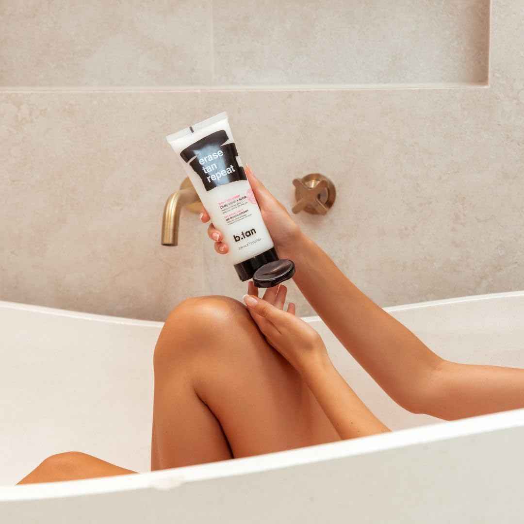 b.tan Clear Self Tanning Gel & Exfoliating Kit | Glow Your Own Way + Erase Tan Repeat Bundle - 1 Hour Express, Transfer-Resistant Dark Fake Tanner, 2-in-1 Exfoliator Scrub & Body Wash with Mitt
