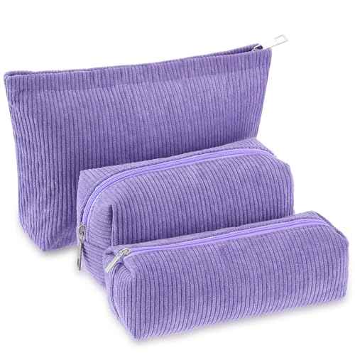3 Pcs Makeup Bag Set for Women Corduroy Cosmetic Pouch Aesthetic Smile Travel Toiletry Bag Cute Purse Pouch Pencil Case Makeup Brushes Storage Organizer for Christmas(Purple,Solid Style)