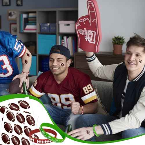 144PCS Football Party Favors 120PCS Brown Football Tattoos 24PCS Green and Brown Football Silicone Bracelets Wristbands for Football Game Touchdown Tailgate Cheerleaders Party Decoration favors