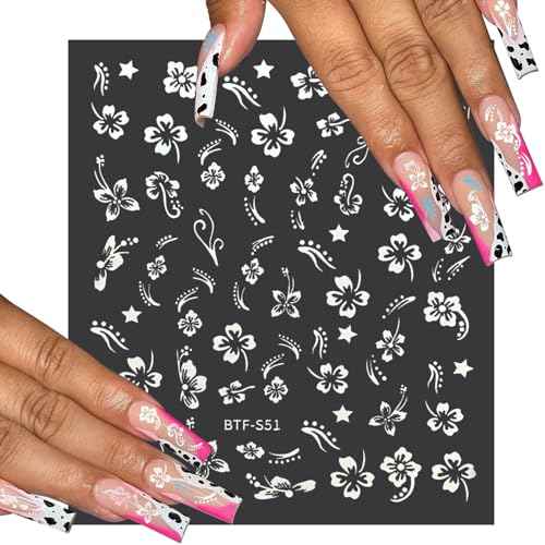 Flower Nail Stickers 10 Sheets Hibiscus Nail Decals White Pink Golden Clear Silver Decals Nail Art Decorations Nail Decals Nail Art Supplies Nail Designs for Women Manicure Tips