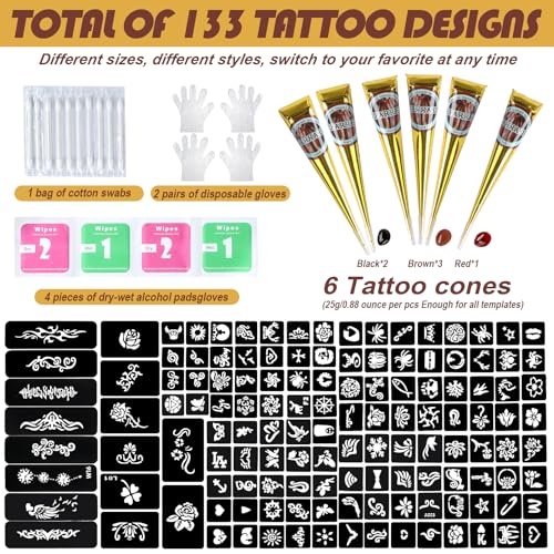 Temporary Tattoos Stencils Kit,Temporary Tattoos Kit - 6 Pcs 3 Color(3 Brown 2 Black 1 Red) Ink with Gloves,DIY Body Art Painting for Women Men Adults TA636KIT