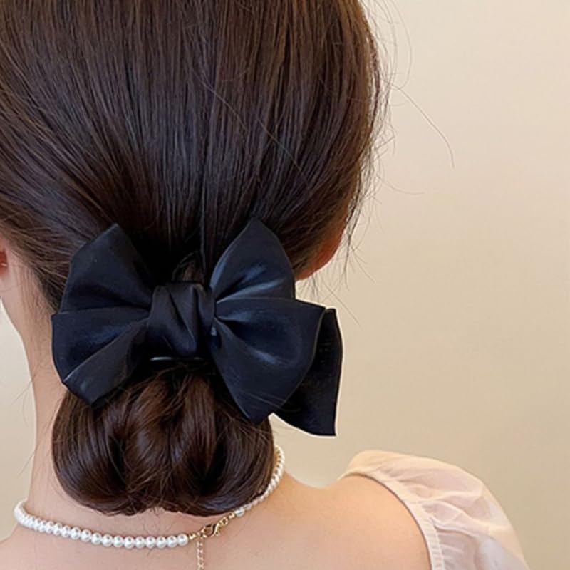 Black Hair Accessories: Silky Satin Banana Hair Clips, Ponytail Holders, Claw Clips, Bun Decorations with Large Bow Knot Barrettes for Women and Girls