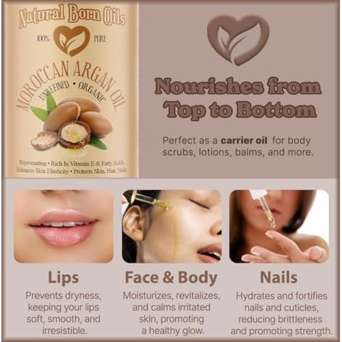 Natural Born Oils Moroccan Argan Oil. 2oz. 100% Pure and Natural, Cold-pressed, Organic. Natural Moisturizer for Your Skin and Hair