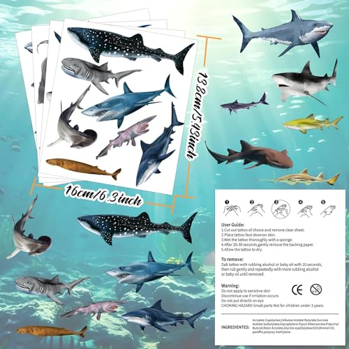 ANTING Shark Tattoos Stickers,16 Sheets 108 Pieces Shark Themed Tattoos Stickers Party Decoration Supplies Party favors for Kids Adults