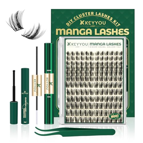 KEYYOULASH Manga Lash Clusters Kit 8-18mm Eyelash Clusters Kit DIY Lash Extension Kit Natural Fairy Cluster Lashes with Lash Bond Seal Remover Applicator Soft Thin Band(MG02)