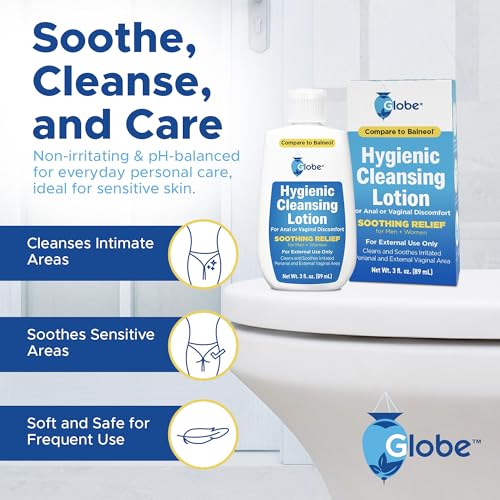 Globe Hygienic Cleansing Lotion for Men and Women, Discomfort, Pain & Itch Relief for Sensitive Areas, Cooling, Non-Irritating & Non-Drying Gentle Personal Care Cleanser, Travel Must Have,3 oz Bottle