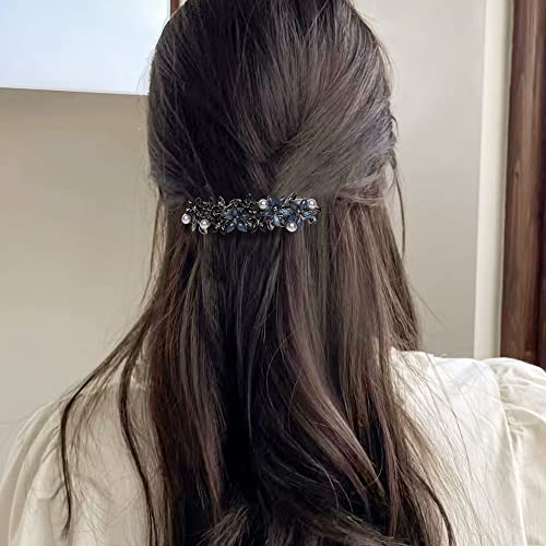 Flower Rhinestone Hair Barrettes for Women Fine Hair Glitter Sparkle Fancy Hair Clips for Women And Girls Elegant Pearl Barrettes (Black&Blue)