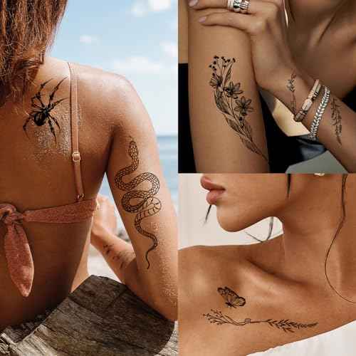 200+PCS Temporary Tattoos for Women, Waterproof Black Realistic Rose Hummingbird Necklace Tattoos Sketch Fake Tattoo for Women Body Art Arm Neck Hands Chest Neck Collarbone Spine Back