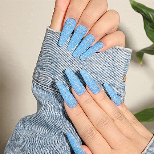 Sparkly Shiny Long Coffin Press On False Nails Medium Length Full Cover Acrylic Fake Nails Ballerina Nails for Women Lady Fashion Nails for Nail Salons and Home DIY Nail Art 24PCS (BKS1150 Blue)