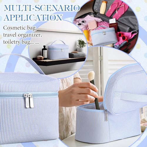 Large Makeup Bag for Women Toiletry Bag, Aesthetic Cute Seersucker Cosmetic Pouch, Teen Gift for Her Mom Girlfriend Wife Teacher Aesthetic Skincare Brushes Storage Organizer(Blue)