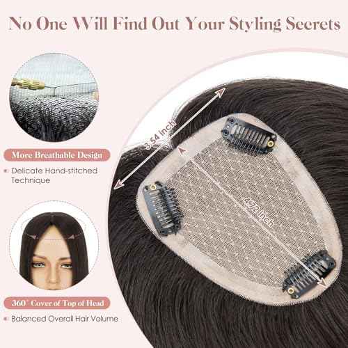 Hairro Human Hair Toppers Free Parted, 3.5x4.7" Base Hand-wovened 100% Real Hairpieces, with Invisible Clips-in for Women, for High Hairline/Adding Volume on Top, 16 Inch Light Natural Black