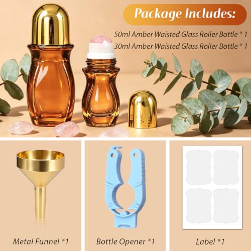 50ml Rose Quartz Amber Glass Roller Bottle Set - Empty Leakproof 2 Pack with Funnel & Opener