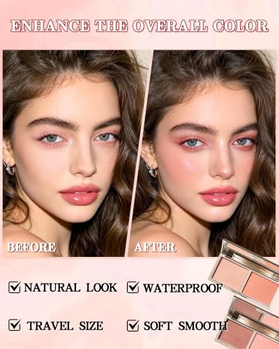 LYSdefeu Light Pink Nude Peach Pink Powder Blush Palette Set with Brush - Contour & Makeup