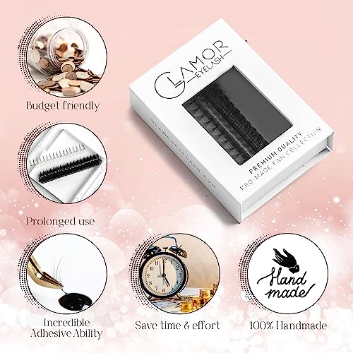 GLAMOREYELASH 1000 Ultra Speed Narrow Promade Fans | Natural Eyelash Extension 3D~16D | Handmade Individual Lashes Extension with 0.03/0.05/0.07mm Thickness of Mink Lashes | C CC D Curl for Cat Eye Lashes | 8 - 17mm Length for Fluffy Eyelash Cluster(10D-0