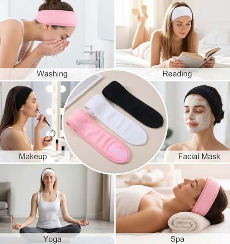 3-Pack Adjustable Spa Facial Headbands for Women - Terry Cloth