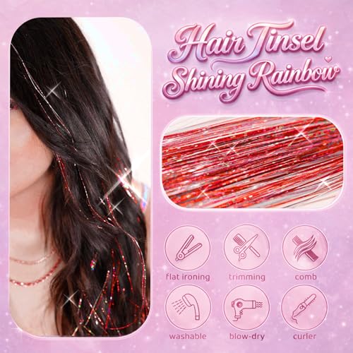 Red Hair Tinsel Kit - 4000 Strands, 48 Inch Glitter Extensions