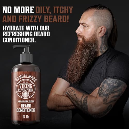 Viking Revolution Beard Conditioner w/Argan & Jojoba Oils - Softens & Strengthens - Sandalwood Scent - Beard Conditioner w/Beard Oil (17oz Conditioner)