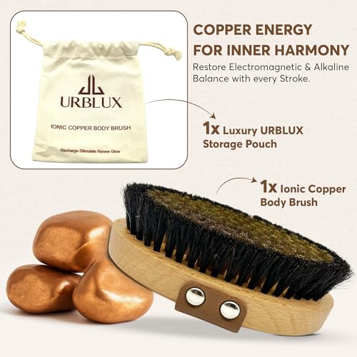 Copper Body Brush for Dry Brushing ? Natural Ion Infused Exfoliating Spa Brush for Lymphatic Drainage, Cellulite Massage & Smooth, Glowing Skin