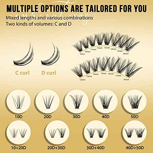 QUEWEL Lash Clusters 320Pcs Cluster Lashes 40D D Curl Lash Cluster Eyelash Extensions Mix9-16mm Individual Eyelashes Clusters Wispy Lash Clusters Thin Band Soft to Use at Home(40D D Mix9-16)