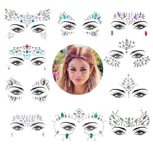 Face Gems, 10 Sets Mermaid Face Jewels Festival Gems Rhinestones Rave Eyes Body Bindi Temporary Stickers Crystal Stickers Decoration(Bright)