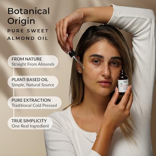 Organic Sweet Almond Oil | 100% Pure, Cold-Pressed, Unrefined | USDA Certified Organic | Amber Glass Bottle with Glass Dropper | For Face, Skin & Hair - 1 Fl Oz