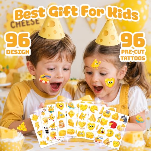 96 PCS Cheese Temporary Tattoos for Kids | Pre-Cut Party Favors