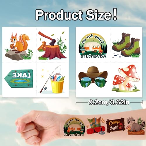 96pcs Camping Temporary Tattoos,Funny Camp Themed Fake Tattoo Stickers for One Happy Camper Birthday Party,Camping Party Favors Supplies Decorations