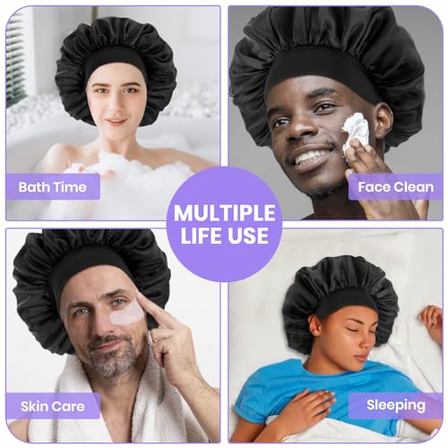 Silk Bonnet for Men and Women - Satin Sleep Cap with Elastic Band, Black Variation