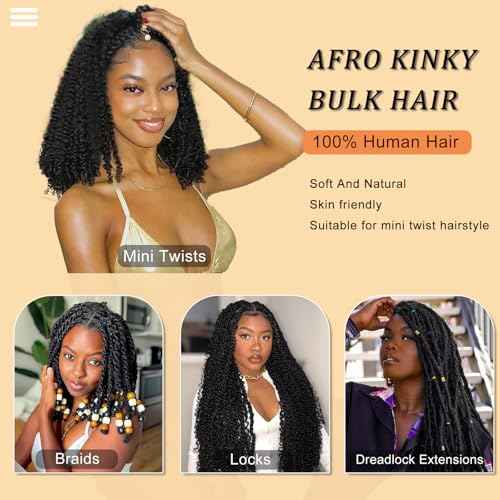 Afro Kinkys Bulk Human Hair for Braiding Afro Kinky-Curly Human Hair Bulk For Mini Twist, Repair Locs Hair Bulk Human Braiding Hair for Micro Dreadlocs Extensions 18 Inch(1B,35g/pack)