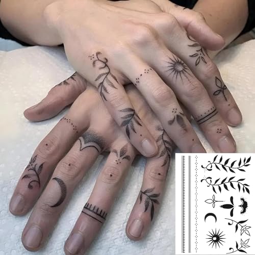 18 Sheets Fashion Y2K Geometric Lotus Arrow Temporary Tattoos For Men Women Adults Finger Hands, Waterproof Realistic Tiny Rose Flower Leaf Fake Tattoos Black Small Butterfly Sun Moon Tatoo Stickers