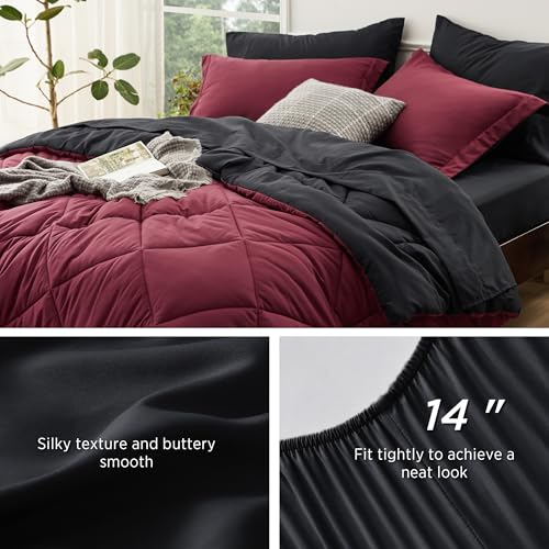 Bedsure Burgundy and Black Twin Comforter Set - 5 Pieces Reversible Twin Bed in a Bag, Twin Bed Set Burgundy and Black with Comforters, Sheets, Pillowcase & Sham