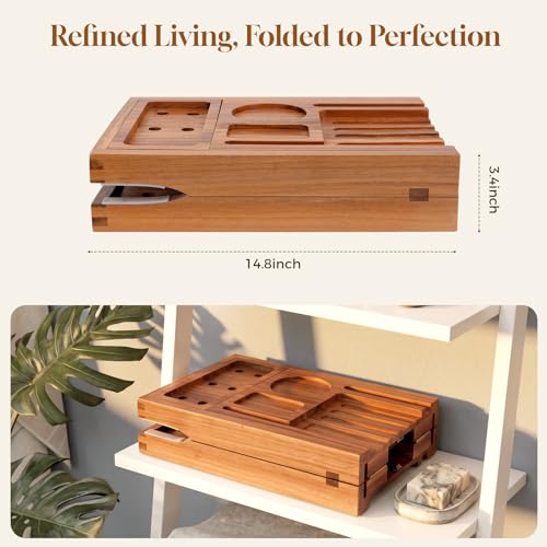 Foldable Acacia Wood Bathtub Tray, Extendable Bath Caddy 29.5"-42.5"
