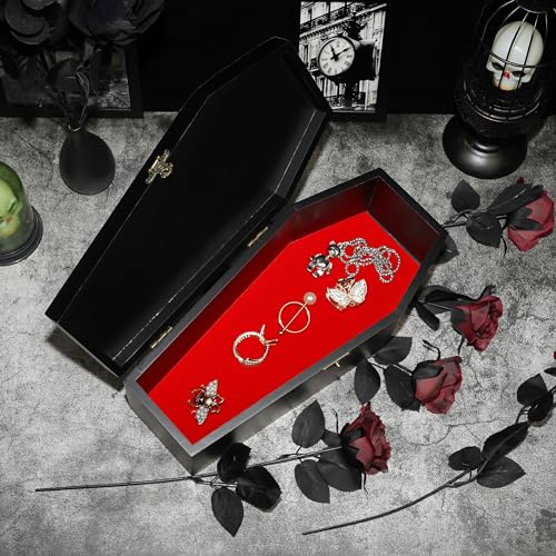 Gothic Coffin Storage Box Set 3 Pack - Spooky Dark Aesthetic Vanity Organizer, Wooden Makeup Jewelry Kit with Tray, Lipstick Holder & Jewelry Box