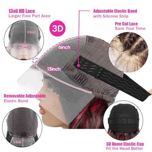 13X6 Burgundy Lace front Wigs Human Hair Ombre Lace Front Wig 24Inch 1B/27/99J Highlight Lace Front Wig Human Hair Burgundy Colored Body Wave Wigs Pre Plucked